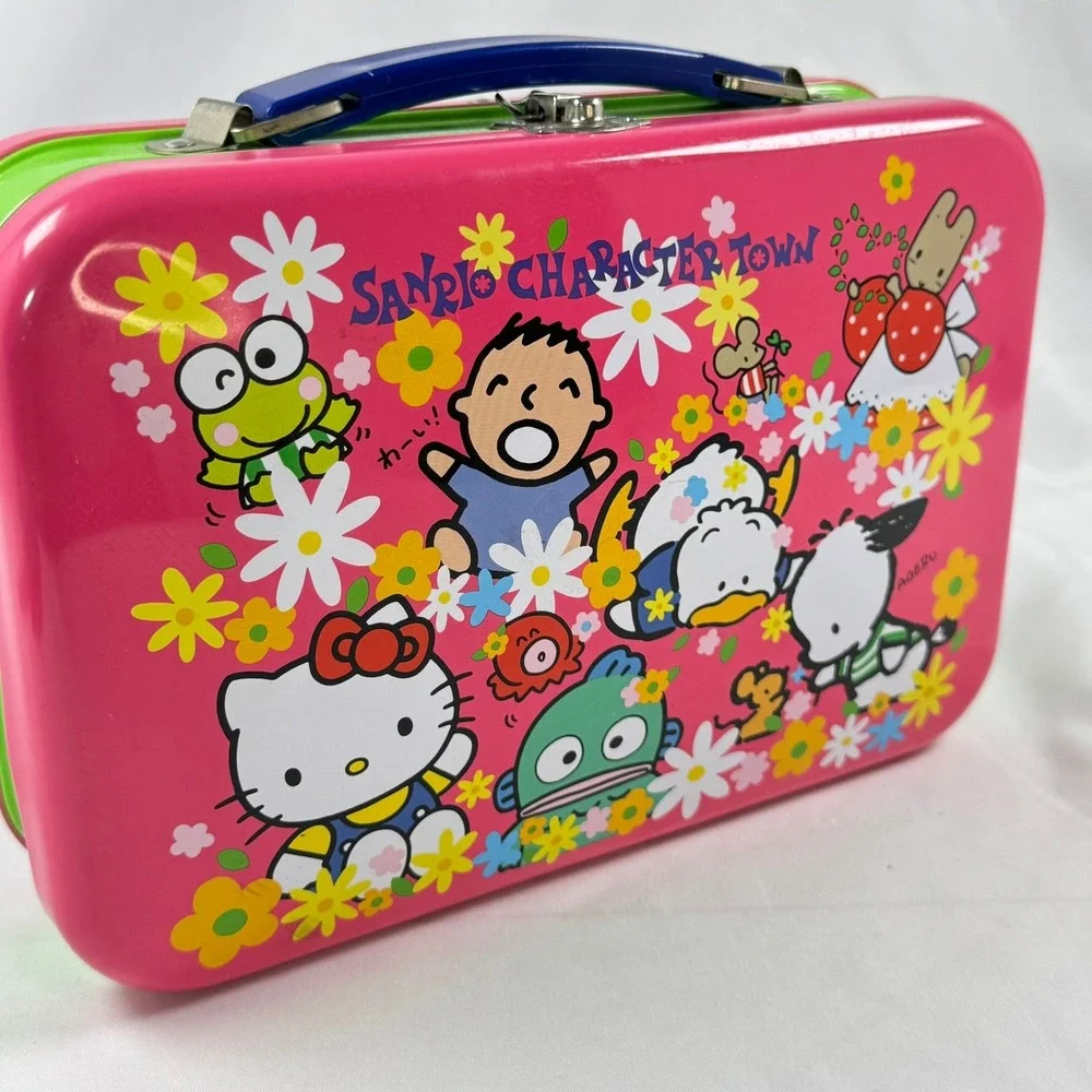 Vintage 1992 Sanrio Character Town Metal Lunch Box Hello Kitty Keroppi Pink Tin
